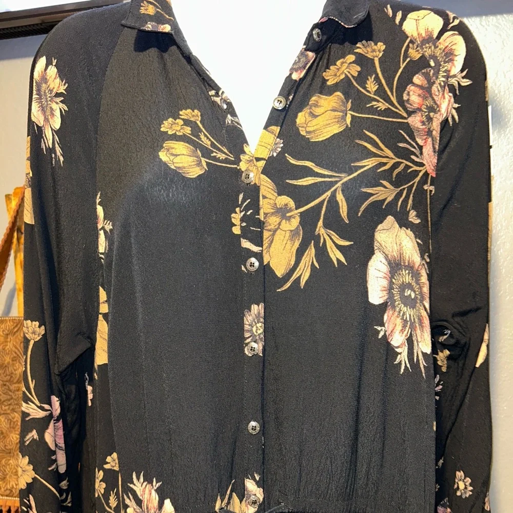 Free People Black and Gold Long Sleeve Shirt Dress - Picture 2 of 5